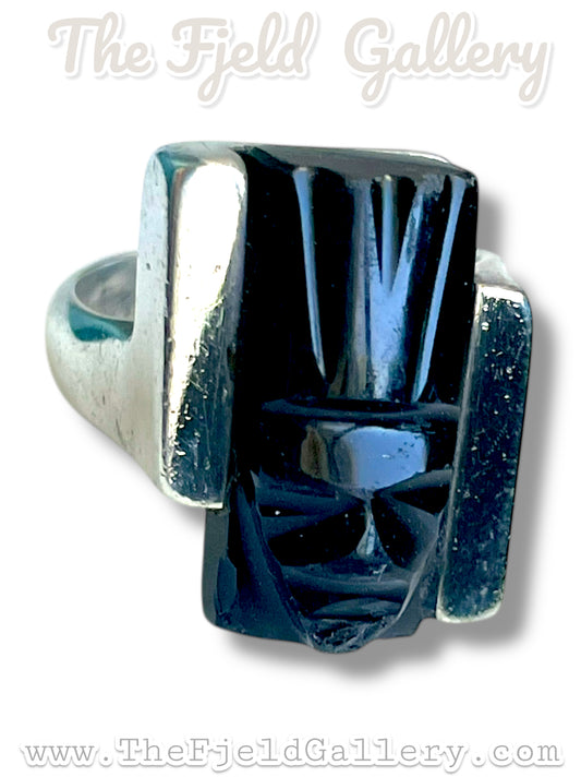 Black Onyx Carved Face Mask Taxco Mexico Sterling Silver JCOA Eagle 2 RING sz 7