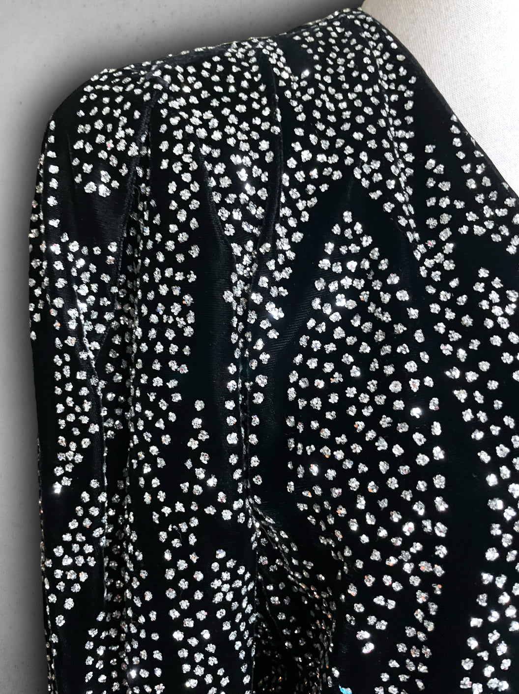 Vintage 1980’s Black Velvet Silver Glitter Pattern Coat / Button Up Blouse