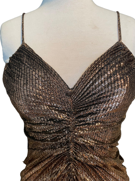 Gorgeous 1970’s Copper Gold Lamé Sunburst Pleated Party Dress
