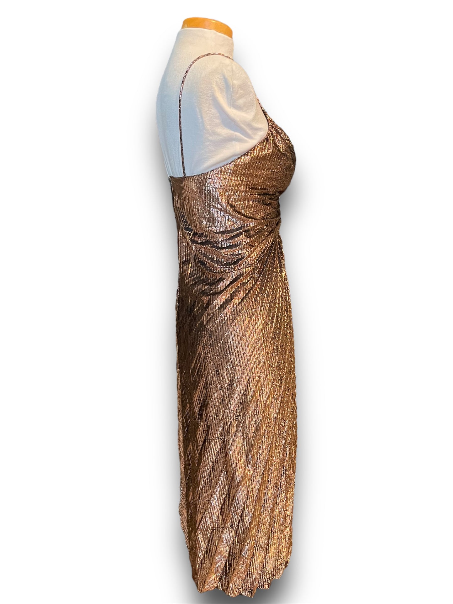 Gorgeous 1970’s Copper Gold Lamé Sunburst Pleated Party Dress