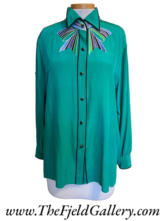 Vintage Bob Mackie Designer Silk Embroidered Long Sleeve Blouse