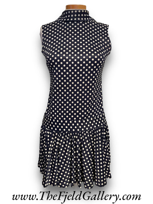 Vintage 1970’s Navy Polka Dot Boat Neck Sleeveless Drop Waist Dreas