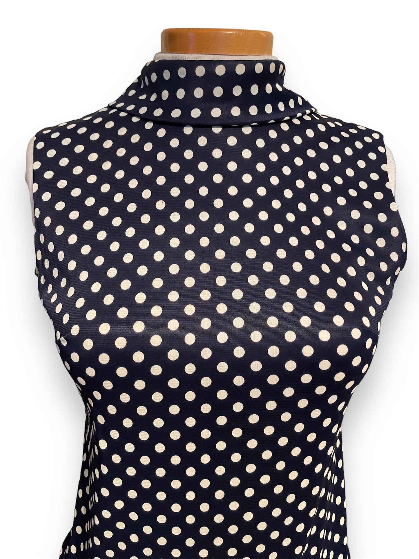 Vintage 1970’s Navy Polka Dot Boat Neck Sleeveless Drop Waist Dreas