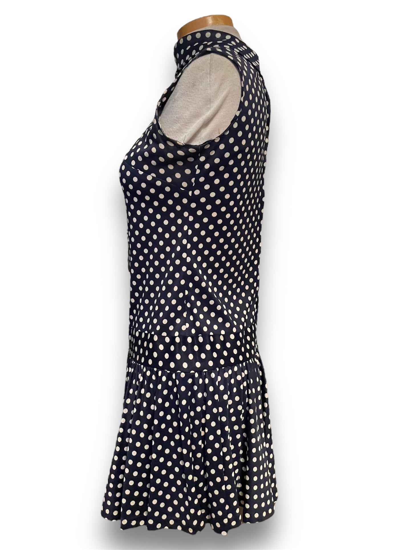 Vintage 1970’s Navy Polka Dot Boat Neck Sleeveless Drop Waist Dreas