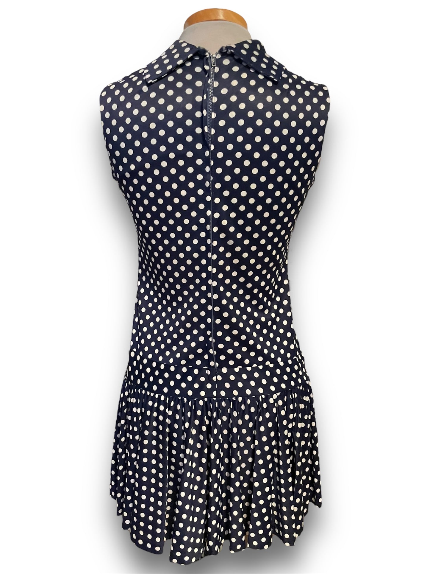 Vintage 1970’s Navy Polka Dot Boat Neck Sleeveless Drop Waist Dreas