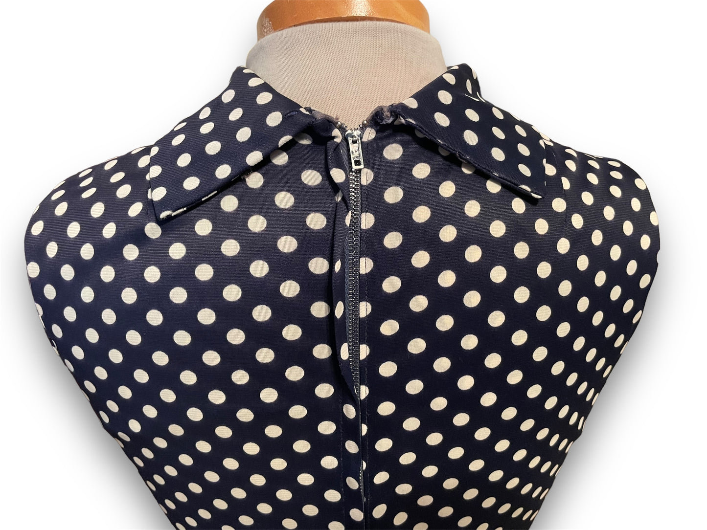 Vintage 1970’s Navy Polka Dot Boat Neck Sleeveless Drop Waist Dreas