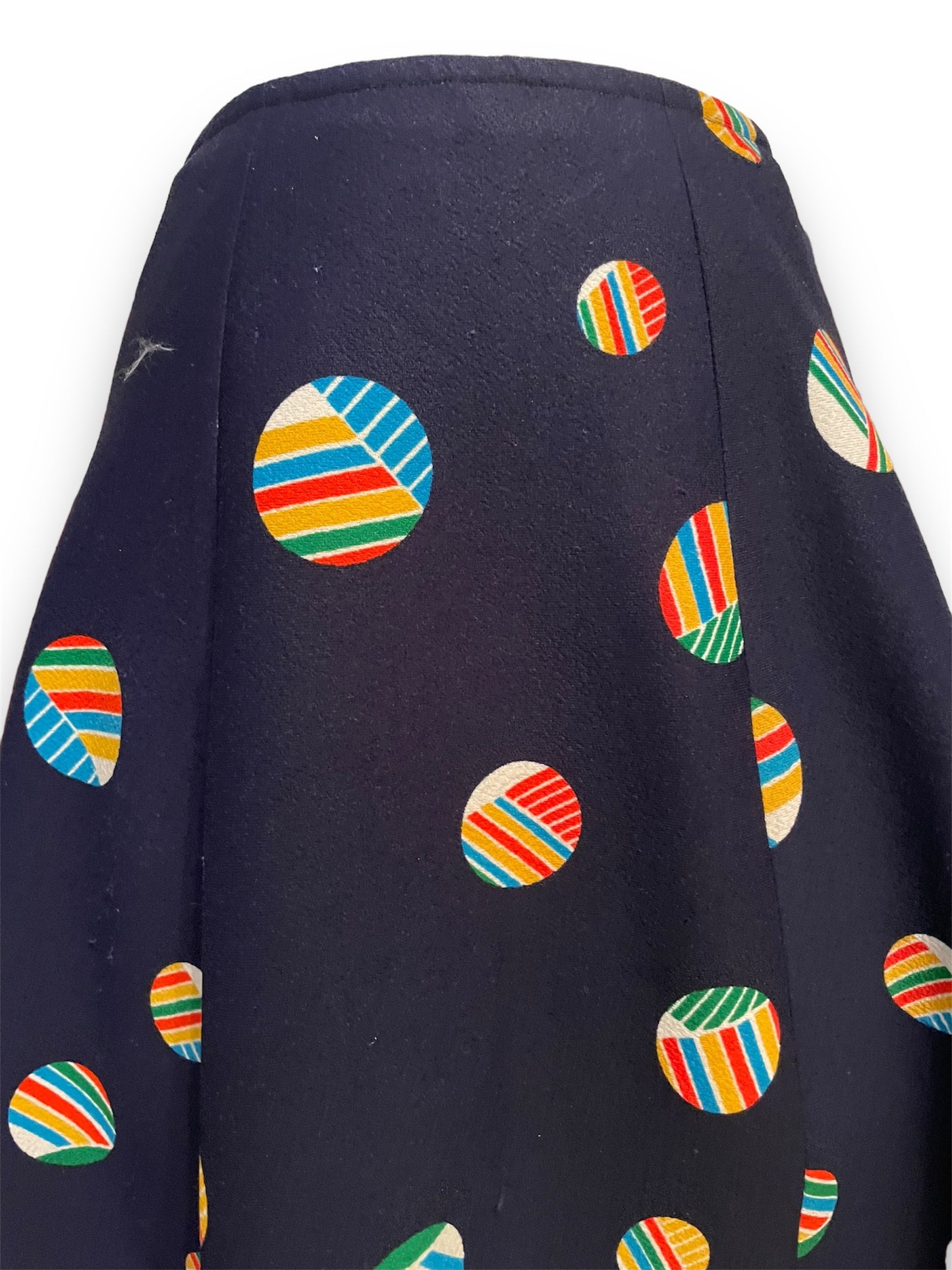 Vintage 1970’s Rainbow Striped Polkadot & Floral Paisley Navy Skirt