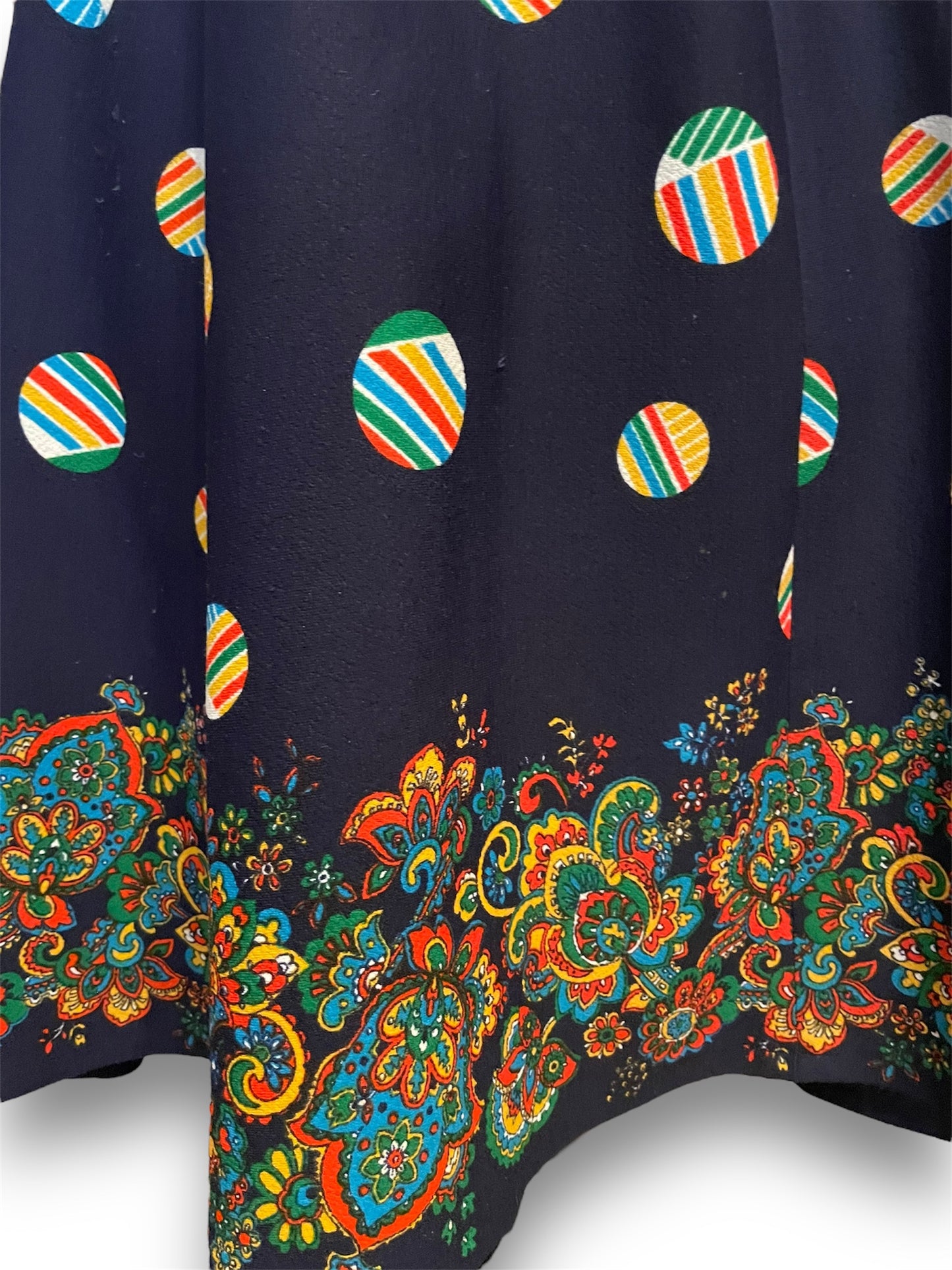 Vintage 1970’s Rainbow Striped Polkadot & Floral Paisley Navy Skirt