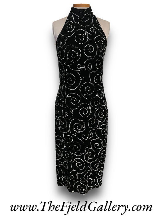 Vintage Black Velvet & Silver Glitter Swirl Party Dress