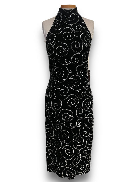 Vintage Black Velvet & Silver Glitter Swirl Party Dress