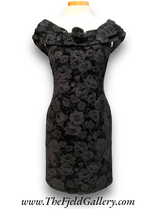 Vintage 1990’s Black Burnout Velvet Rose Pattern Party Dress