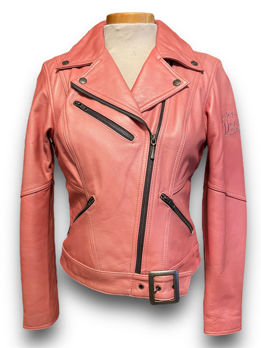 Pink Metallic Leather Harley Davidson Motorcycle Jacket