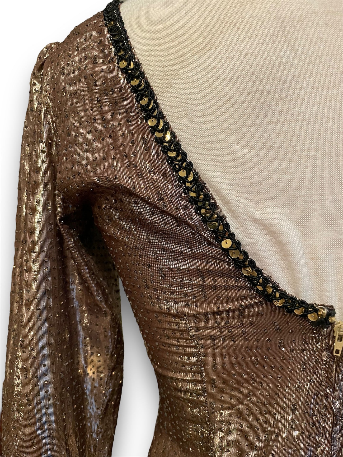 Vintage Gold Lamé, Sequin & Glitter Long Sleeve Mini Dress