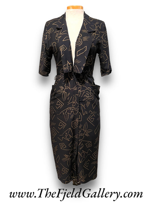 Vintage 1980’s Black & Gold Abstract Print Dress