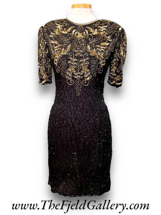 Gorgeous Vintage Beaded Black & Gold 1980’s Party Dress