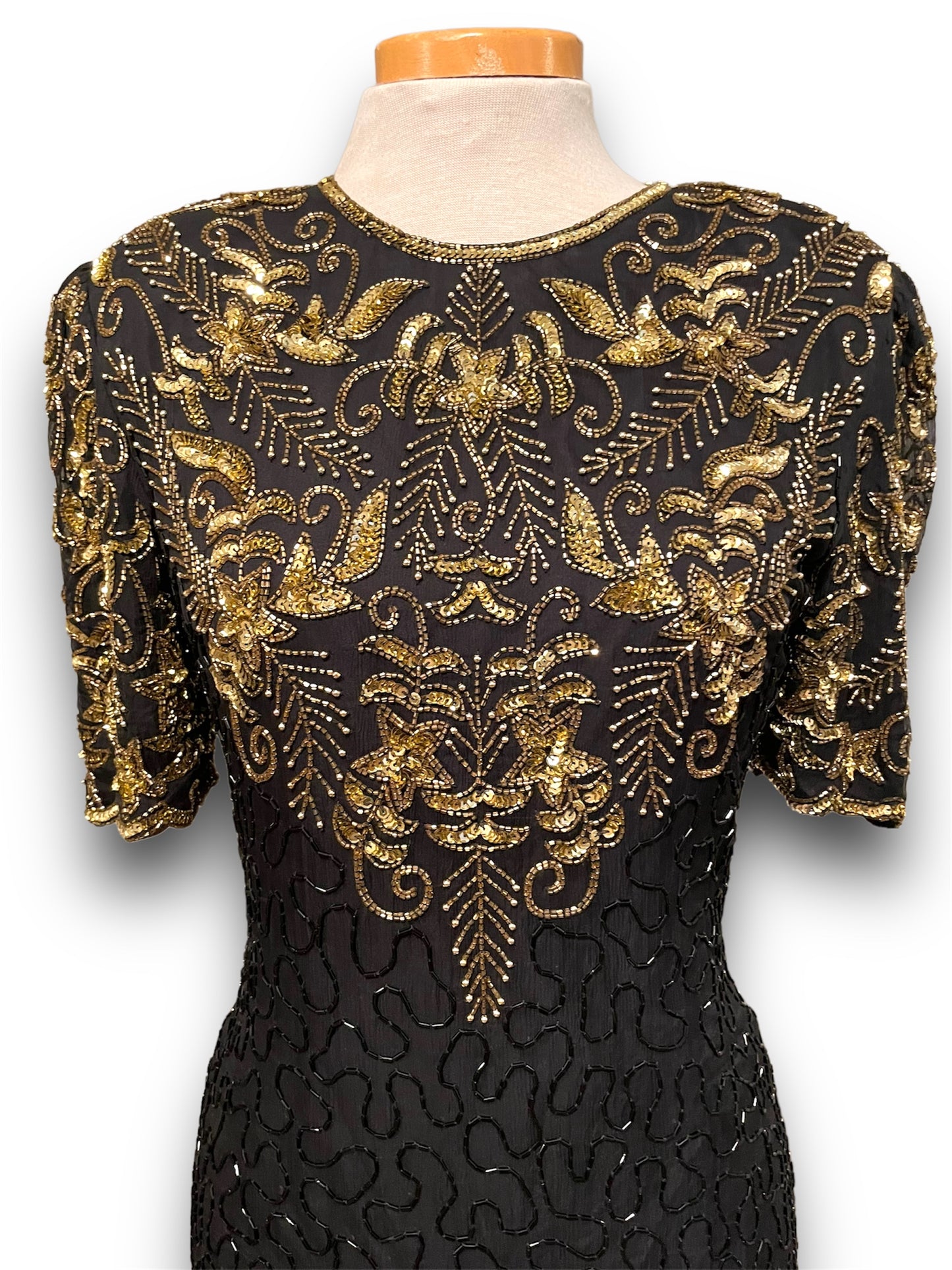 Gorgeous Vintage Beaded Black & Gold 1980’s Party Dress