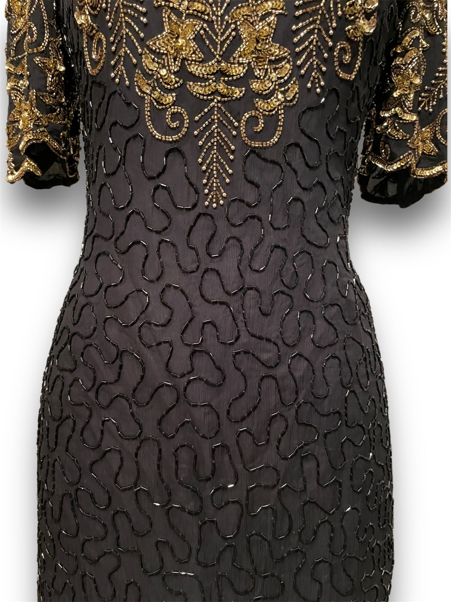 Gorgeous Vintage Beaded Black & Gold 1980’s Party Dress