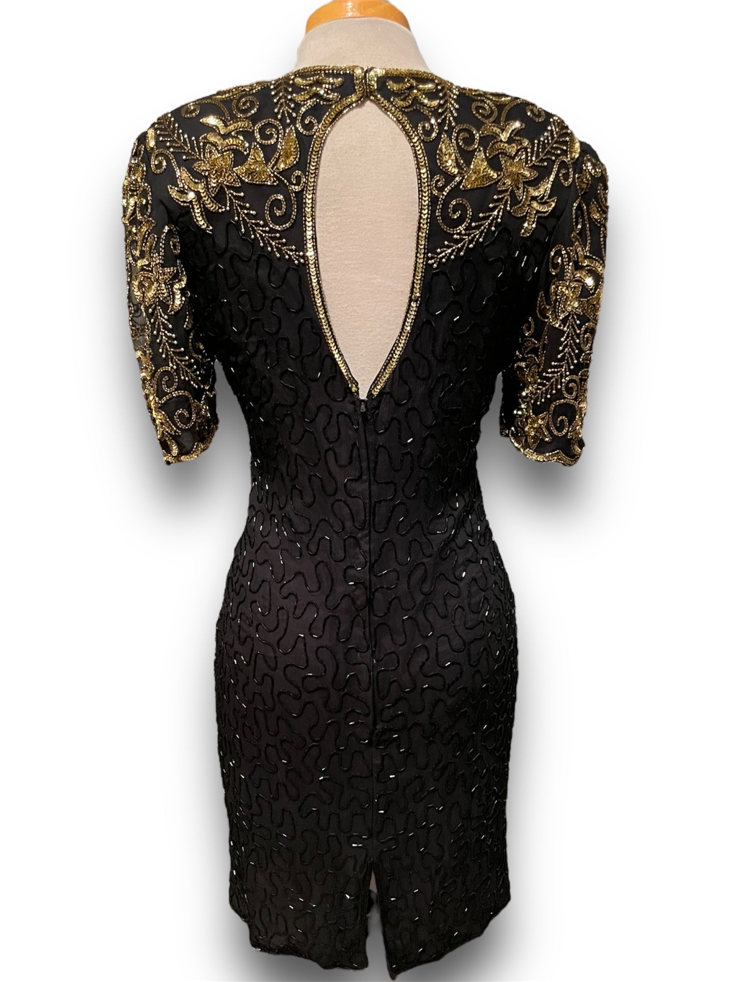 Gorgeous Vintage Beaded Black & Gold 1980’s Party Dress