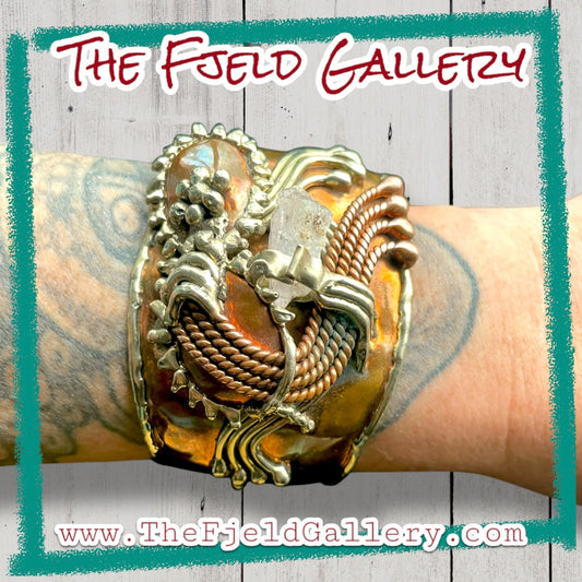 Arts & Crafts Brutalist Mixed Metal Copper & Brass Cuff w/ Quartz Crystal