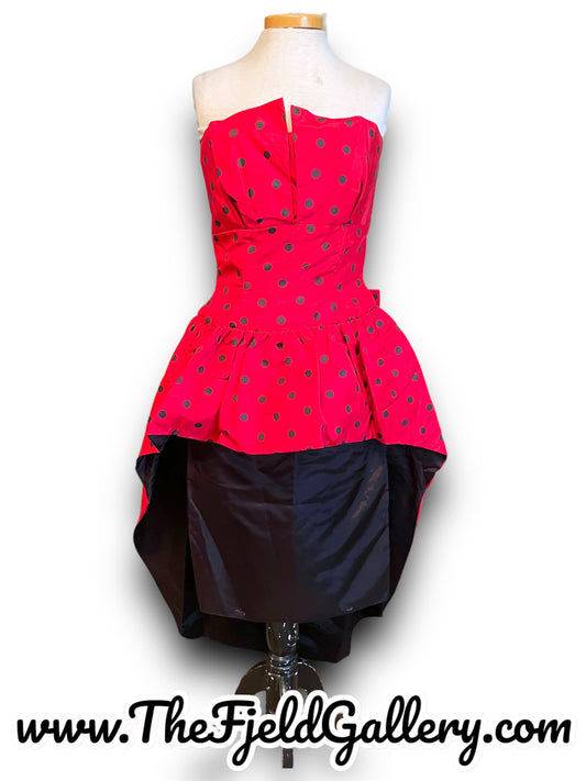 Vintage 1980s Red & Black Polka dot strapless high low peplum pencil skirt big bow on back