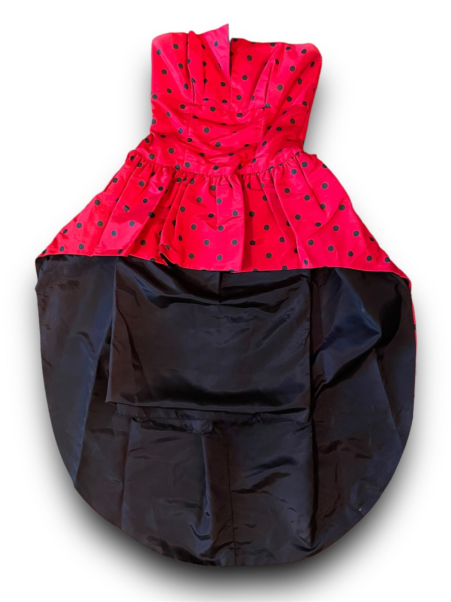 Vintage 1980s Red & Black Polka dot strapless high low peplum pencil skirt big bow on back
