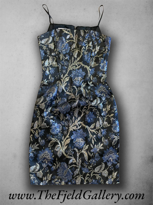 Vintage 1990’s Blue & Gold Floral Metallic Print Black Mini Dress