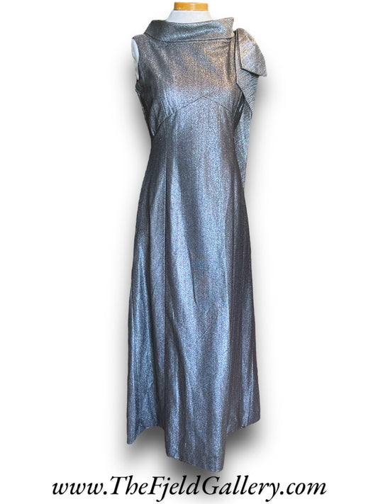 Vintage 1960’s Silver Metallic Long Formal Dress with Boat Neck & Shoulder Bow