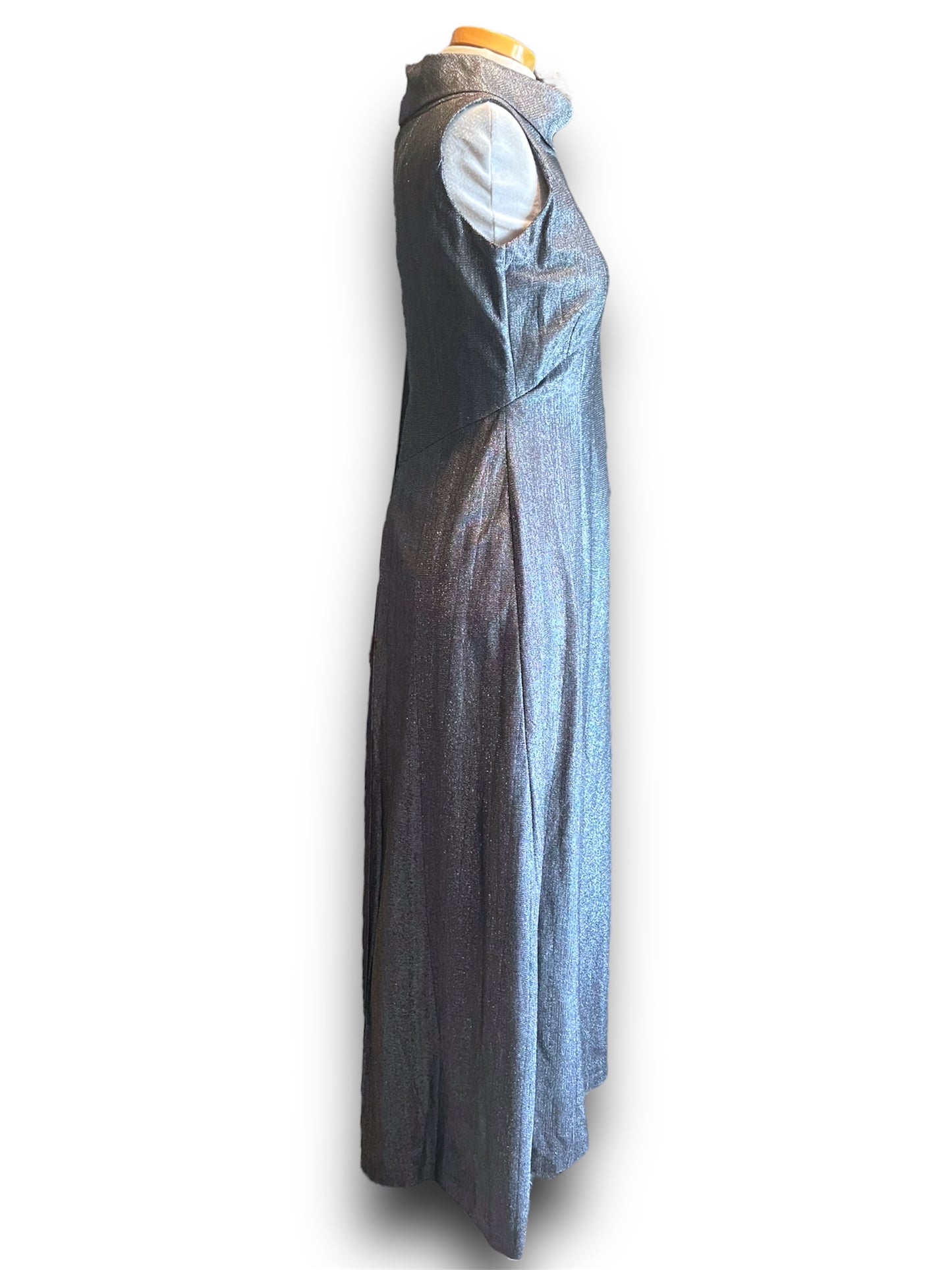 Vintage 1960’s Silver Metallic Long Formal Dress with Boat Neck & Shoulder Bow