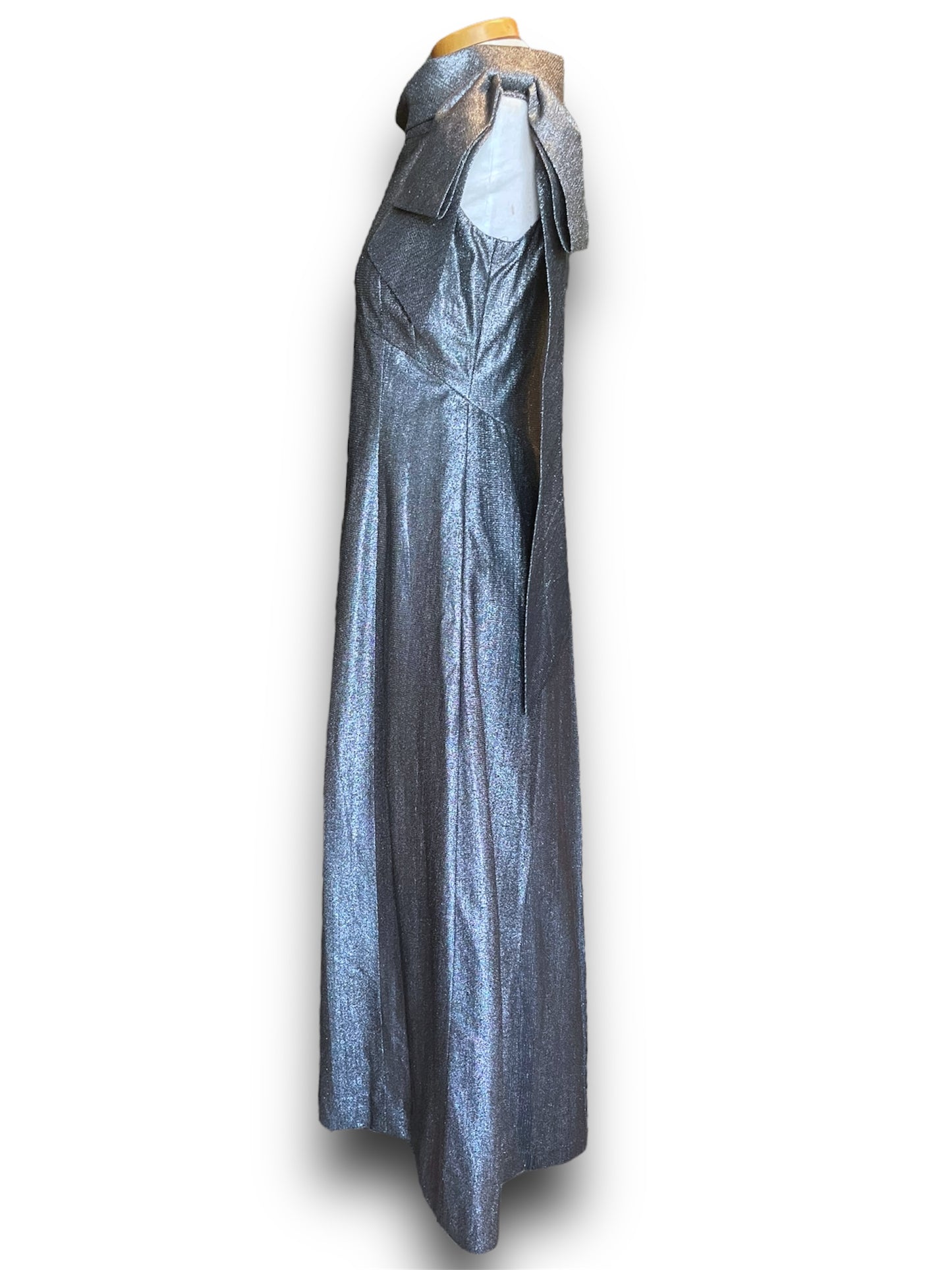 Vintage 1960’s Silver Metallic Long Formal Dress with Boat Neck & Shoulder Bow