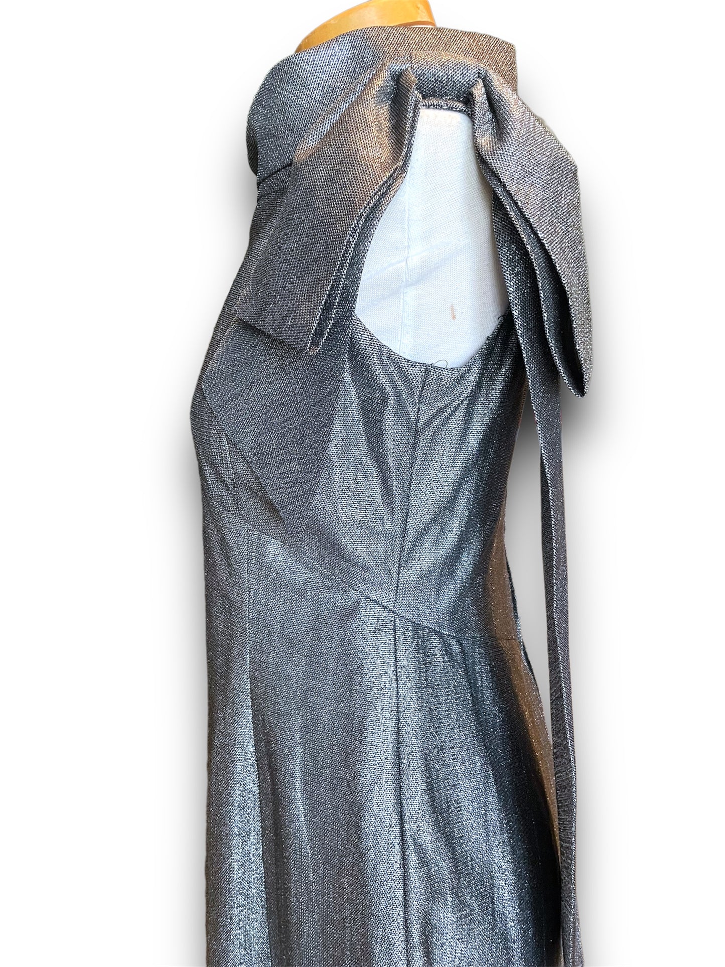 Vintage 1960’s Silver Metallic Long Formal Dress with Boat Neck & Shoulder Bow