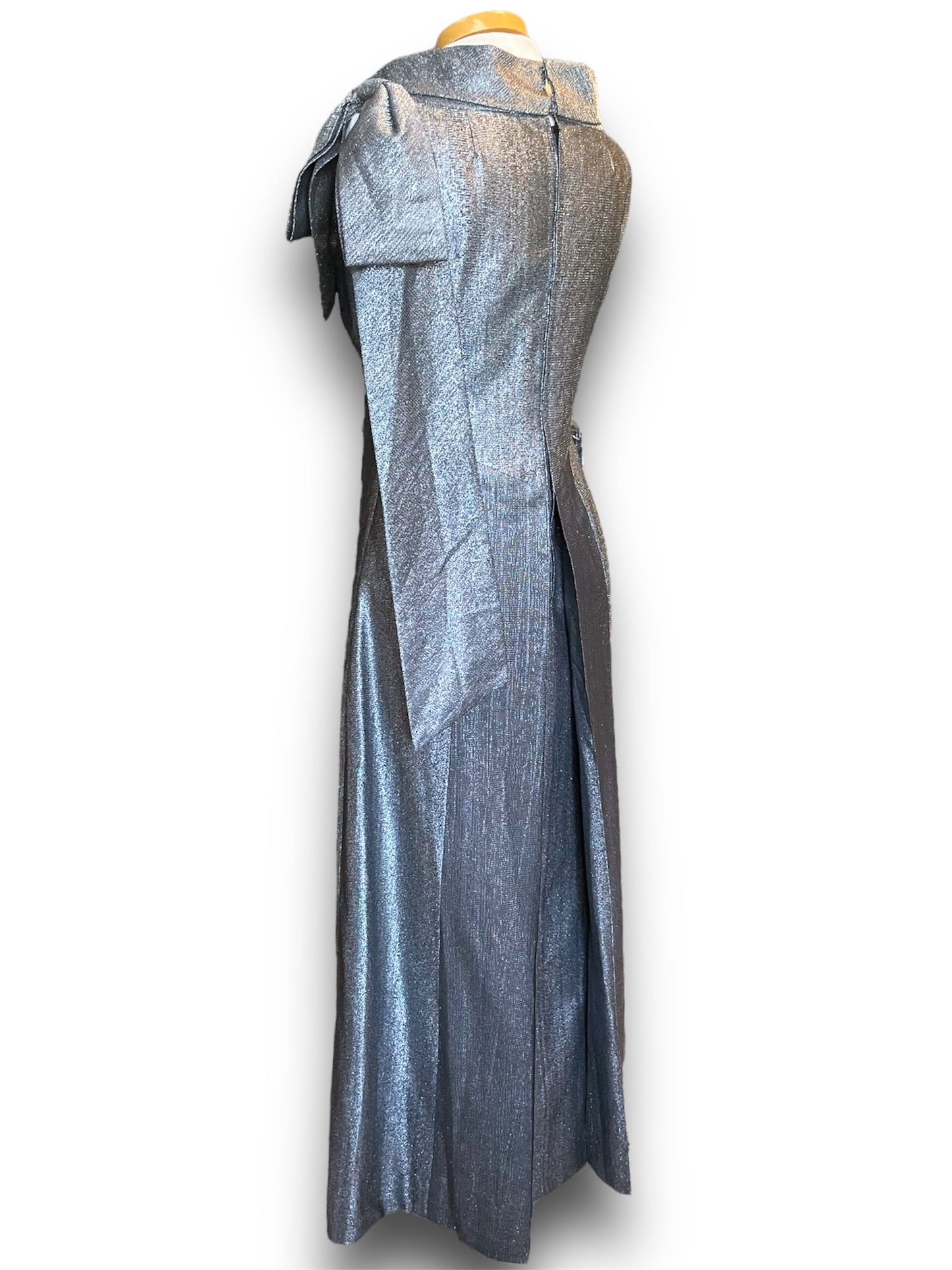 Vintage 1960’s Silver Metallic Long Formal Dress with Boat Neck & Shoulder Bow