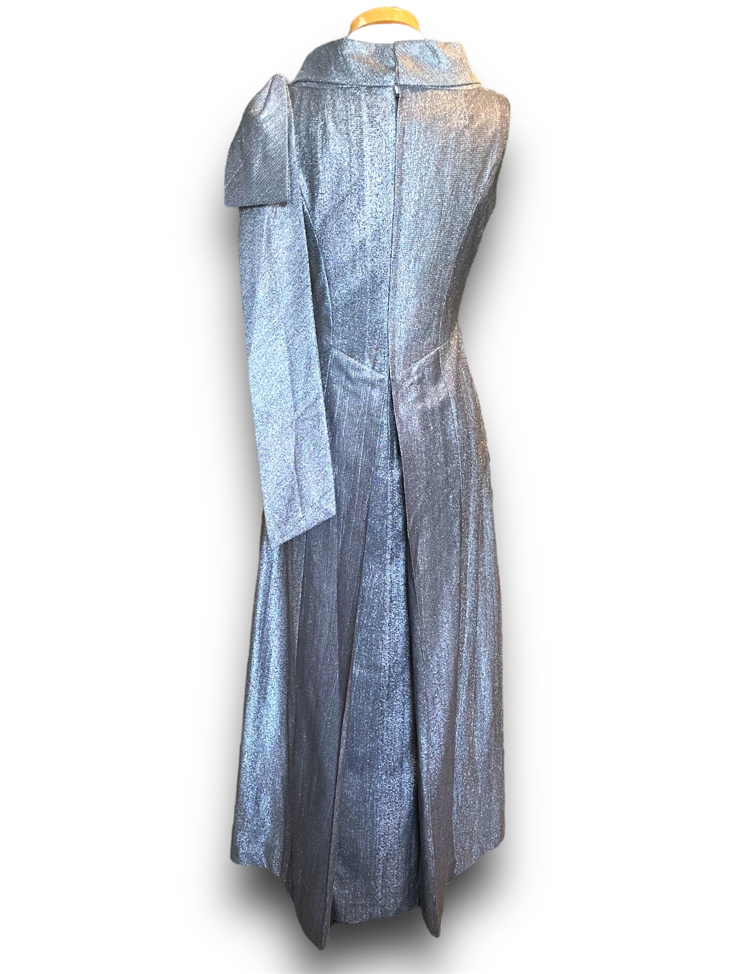 Vintage 1960’s Silver Metallic Long Formal Dress with Boat Neck & Shoulder Bow