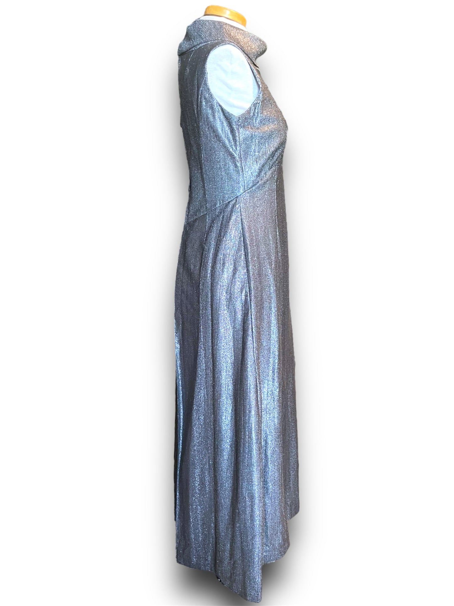 Vintage 1960’s Silver Metallic Long Formal Dress with Boat Neck & Shoulder Bow