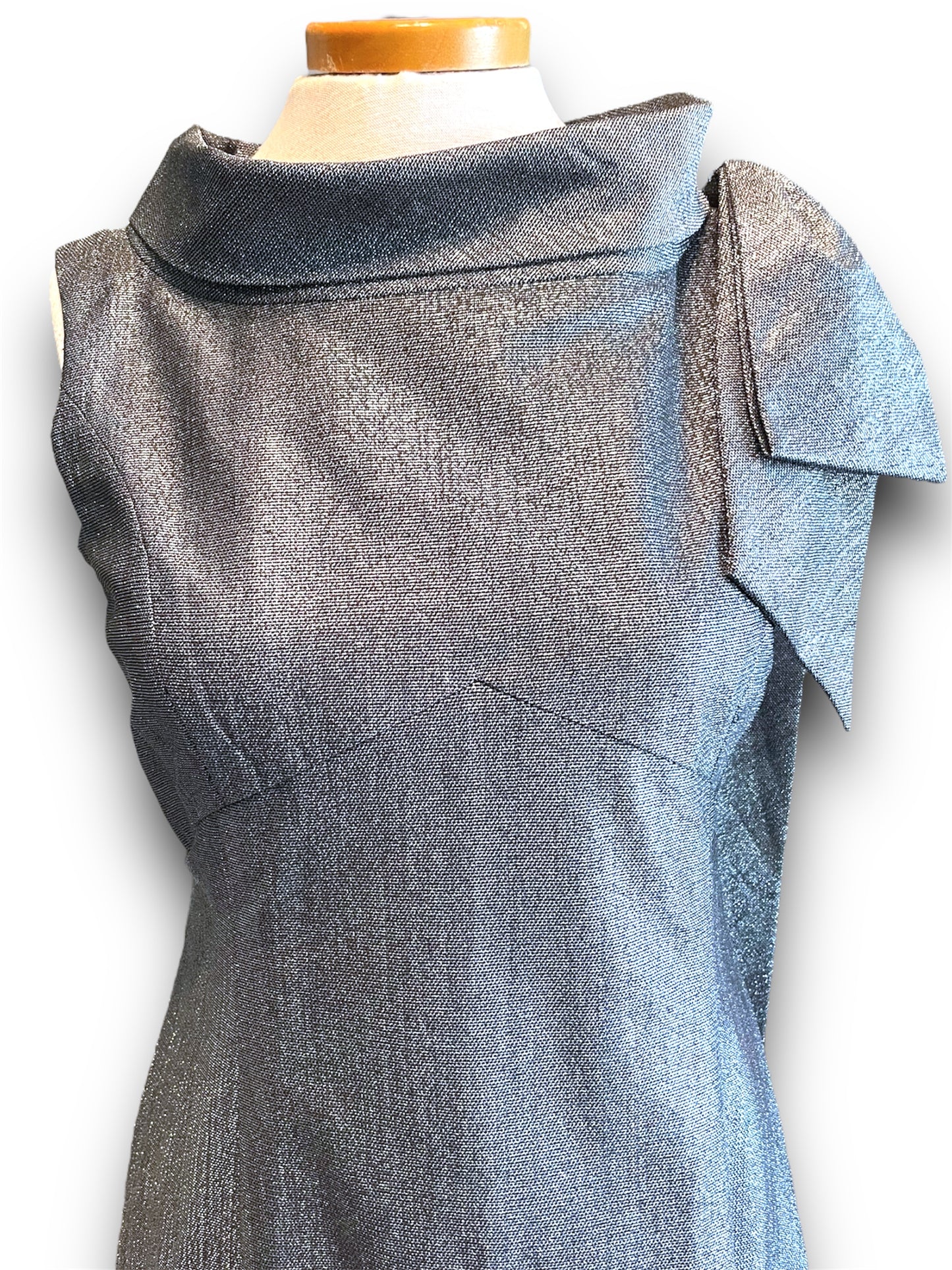 Vintage 1960’s Silver Metallic Long Formal Dress with Boat Neck & Shoulder Bow