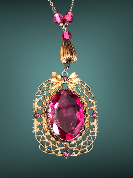 Art Nouveau Gilded Gold Bow Design Bright Pink Czech Art Glass Pendant & Beaded Necklace