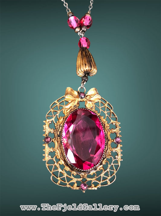 Art Nouveau Gilded Gold Bow Design Bright Pink Czech Art Glass Pendant & Beaded Necklace