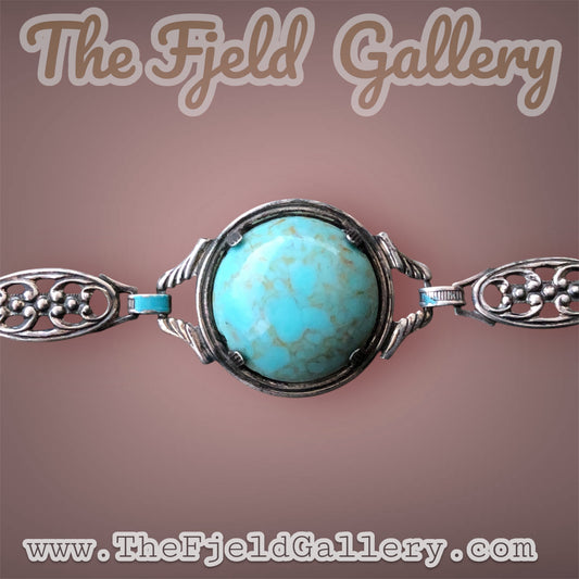 Antique Sterling Silver Art Nouveau Link Bracelet with Turquoise Blue Czech Art Hubbell Glass & Enamel