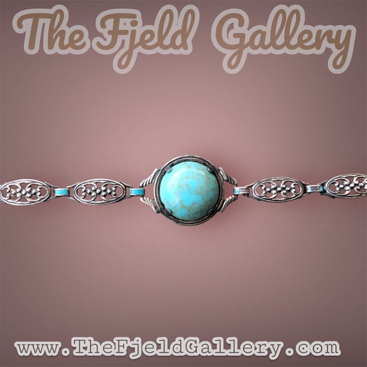 Antique Sterling Silver Art Nouveau Link Bracelet with Turquoise Blue Czech Art Hubbell Glass & Enamel