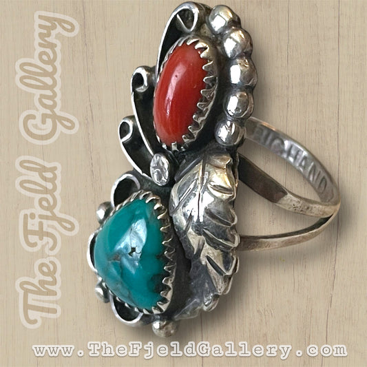 Big Hand Native American Sterling Silver Turquoise & Red Coral Ring