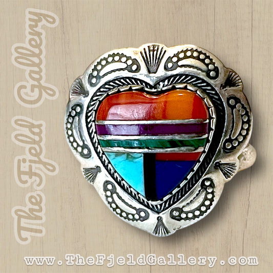 Vintage Zuni Native American Inlay Heart Sterling Silver Ring w/ Turquoise, Coral, Purple& Black Onyx, Malachite & Spiney Oyster