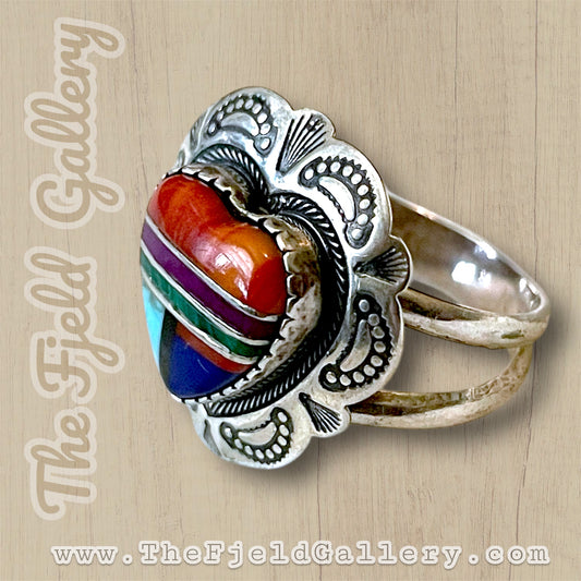 Vintage Zuni Native American Inlay Heart Sterling Silver Ring w/ Turquoise, Coral, Purple& Black Onyx, Malachite & Spiney Oyster