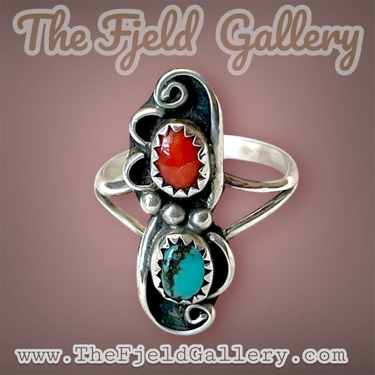Native American Sterling Silver Turquoise & Red Coral Ring Hallmarked J