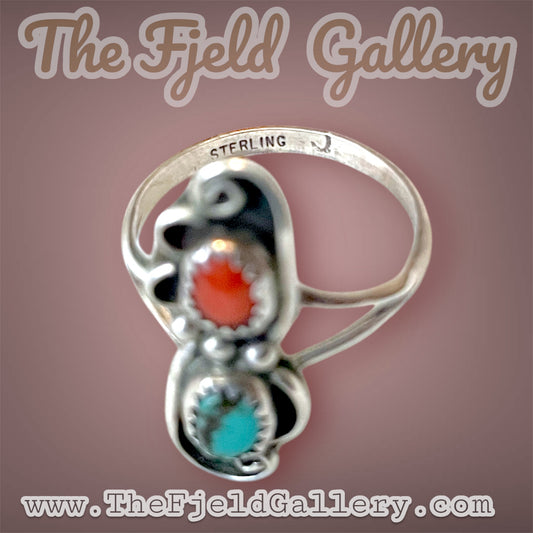 Native American Sterling Silver Turquoise & Red Coral Ring Hallmarked J