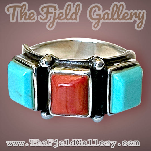 Native American 3 Stone Turquoise & Red Coral Geometric Band Ring