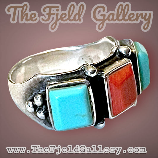 Native American 3 Stone Turquoise & Red Coral Geometric Band Ring