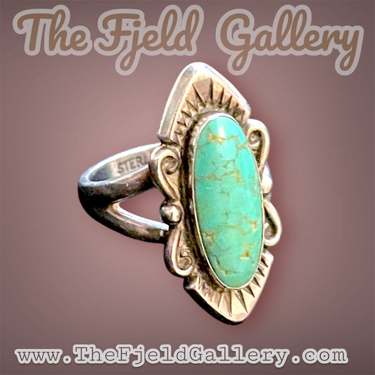 Native American Sterling Silver Embossed Large Turquoise Solitaire Ring