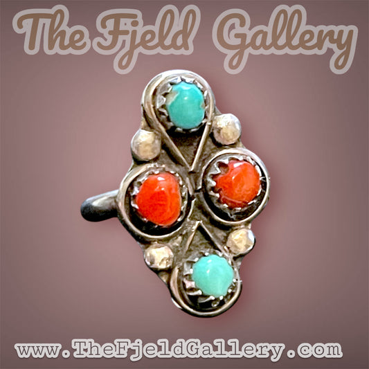 Zuni Native American Petit Point Turquoise & Red Coral Sterling Silver Ring