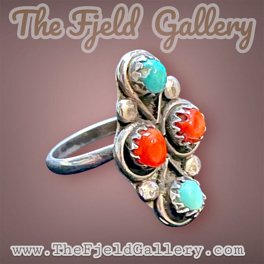 Zuni Native American Petit Point Turquoise & Red Coral Sterling Silver Ring