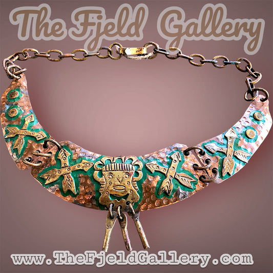 Mexican tribal hand hammered copper and brace tribal mask and arrow choker necklace