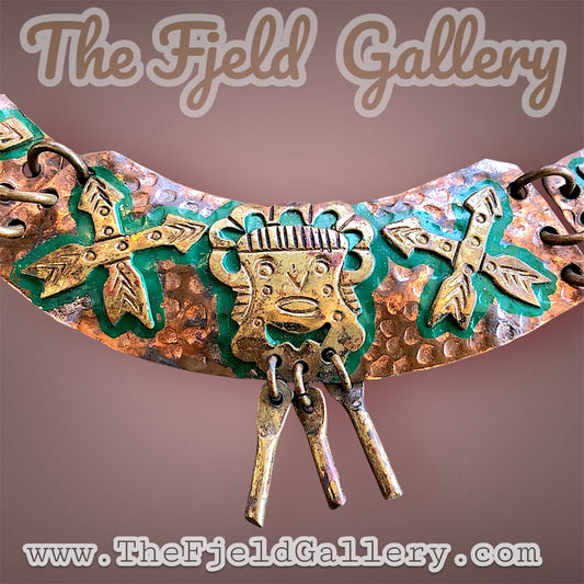 Mexican tribal hand hammered copper and brace tribal mask and arrow choker necklace